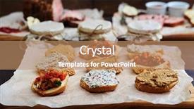  Presentation with appetizers - PPT theme with wedding reception social events - close-up of gourmet appetizers mix background and a  colored foreground