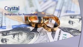  Presentation with wedding rings - Presentation enhanced with wedding rings on money background close up background and a sky blue colored foreground