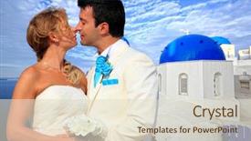  Presentation with bride and groom - Presentation theme having wedding sea - bride and groom on santorini background and a  colored foreground