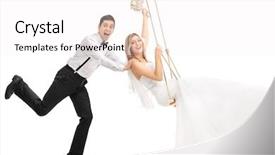  Presentation with joyful - Audience pleasing presentation design consisting of wedding studio - young joyful man pushing his backdrop and a white colored foreground