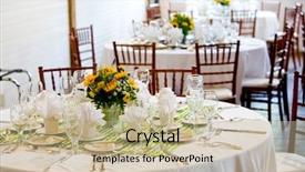  Presentation with fine dining - Presentation design with wedding tables set for fine background and a mint green colored foreground