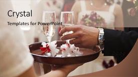  Presentation with bride and groom - Presentation design with wedding wine - waiter serving champagne to bride background and a soft green colored foreground