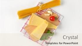  Presentation with wedges - Presentation design featuring wedges of fresh parmesan cheese vegetable garnish and bundle of raw spaghetti on wooden cutting board background and a lemonade colored foreground