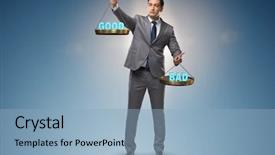  Presentation with bad - Audience pleasing slide set consisting of weighing options - businessman choosing between good backdrop and a light blue colored foreground