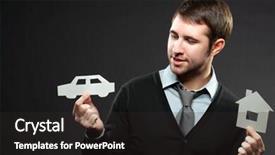  Presentation with car buying - PPT theme having weighing options - smiling businessman decided to buy background and a dark gray colored foreground