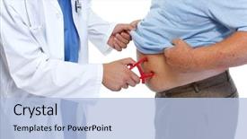  Presentation with obese - Audience pleasing presentation design consisting of weight - doctor measuring obese man stomach backdrop and a light blue colored foreground