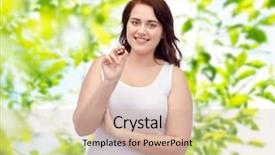  Presentation with weight loss - Presentation design featuring weight loss diet slimming medicine and people concept - happy plus size woman in underwear with pill over green natural background background and a soft green colored foreground
