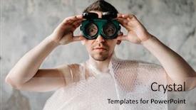  Presentation with wearing swimming goggles and cap - Amazing PPT theme having weird - freak man wearing swimming goggles backdrop and a soft green colored foreground