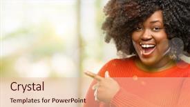  Presentation with finger - Beautiful slide deck featuring welcome - beautiful african woman pointing away backdrop and a lemonade colored foreground