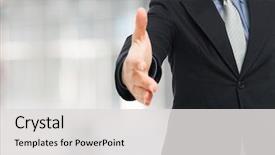  Presentation with ready - Colorful PPT theme enhanced with welcome - businessman ready for an handshake backdrop and a light gray colored foreground