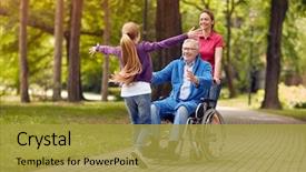  Presentation with wheelchair - Audience pleasing PPT theme consisting of welcome - cheerful disabled grandfather in wheelchair backdrop and a gold colored foreground