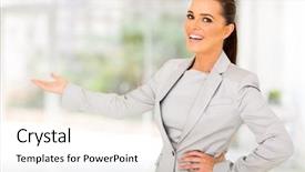  Presentation with friendly - Slide set having welcome - friendly businesswoman doing welcoming gesture background and a white colored foreground