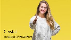  Presentation with friendly - Audience pleasing presentation theme consisting of welcome - young beautiful blonde woman wearing backdrop and a yellow colored foreground