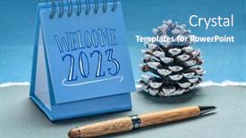  Presentation with pine cone - PPT theme with welcome-2023-in-a-spiral background and a teal colored foreground