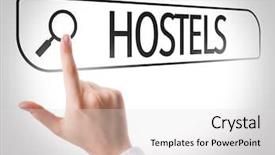 Presentation with search - Slide deck with welcome address - hostels written in search bar background and a  colored foreground