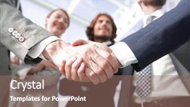  Presentation with social business people network - Cool new PPT theme with welcome and handshake business people backdrop and a coral colored foreground