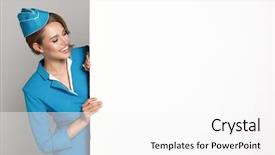  Presentation with empty stage blue curtain - Cool new presentation theme with air space - portrait of charming stewardess wearing backdrop and a white colored foreground