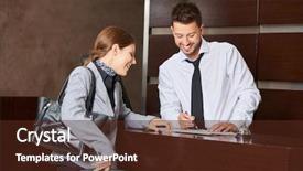  Presentation with hospitality hotel reception female receptionist - Slides enhanced with welcome card - man at hotel reception giving background and a tawny brown colored foreground