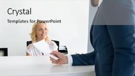  Presentation with hospitality hotel reception female receptionist - Presentation design having welcome class - female receptionist attending handsome passenger background and a white colored foreground