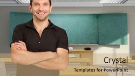  Presentation with welcome - PPT layouts with welcome class - portrait of a smiling teacher background and a  colored foreground