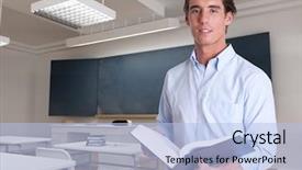  Presentation with welcome - Colorful theme enhanced with welcome class - portrait of a young teacher backdrop and a light blue colored foreground