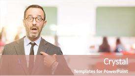  Presentation with teacher - Beautiful PPT theme featuring welcome class - teacher man using glasses happy backdrop and a coral colored foreground