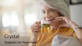  Presentation with loose leaf tea - Amazing presentation theme having welcome drink - beautiful senior woman at home backdrop and a  colored foreground