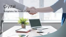  Presentation with business office desk - Beautiful slide set featuring welcome drink - handshake of two young business backdrop and a light blue colored foreground