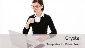  Presentation with young business woman smile show - Beautiful PPT layouts featuring welcome drink - image of young business woman backdrop and a  colored foreground