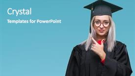  Presentation with wearing a surgical face mask - Slide deck enhanced with welcome education - young blonde woman wearing graduate background and a  colored foreground