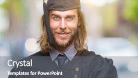  Presentation with long hair man - Slide deck featuring welcome education - young handsome graduated man background and a gray colored foreground