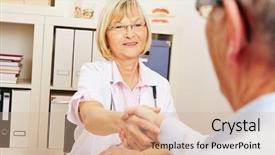  Presentation with patient and doctor - PPT theme consisting of welcome farewell - doctor and patient doing handshake background and a coral colored foreground