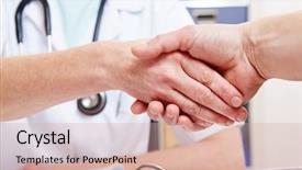  Presentation with handshake between healthcare and it - Colorful PPT layouts enhanced with welcome farewell - handshake between doctor backdrop and a coral colored foreground