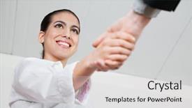  Presentation with office farewell - Slide set consisting of welcome farewell - handshake with a smiling businesswoman background and a light gray colored foreground