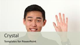  Presentation with asian - Colorful slide deck enhanced with welcome farewell - smiling young asian man giving backdrop and a soft green colored foreground
