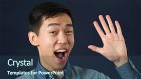  Presentation with waving palm branches - Slide set consisting of welcome farewell - smiling young asian man waving background and a ocean colored foreground