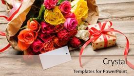  Presentation with empty palm fruit bunch - PPT theme consisting of welcome flowers - bunch of roses and gift background and a soft green colored foreground