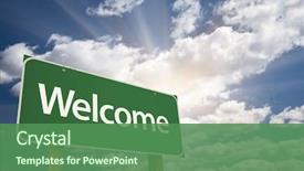  Presentation with welcome - PPT layouts having welcome green road sign background and a ocean colored foreground