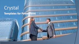  Presentation with front office - Amazing PPT theme having welcome handshake of employees in front of the office building backdrop and a teal colored foreground