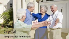  Presentation with active seniors senior couple - Slide deck consisting of welcome home - senior couple greeting friends outside background and a yellow colored foreground