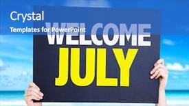  Presentation with welcome - Slide set enhanced with welcome july card with beach background and a teal colored foreground