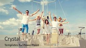  Presentation with travel friends - Colorful PPT theme enhanced with welcome party - vacation travel sea friendship backdrop and a coral colored foreground