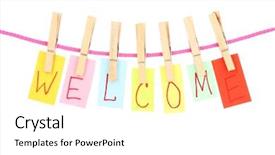  Presentation with hang - Amazing PPT theme having welcome sign - colorful word hang on rope backdrop and a white colored foreground