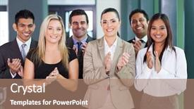  Presentation with team group - Presentation theme featuring welcome team - smiling business group applauding background and a coral colored foreground