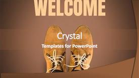  Presentation with blackboard english text welcome - Slide deck enhanced with welcome text and brown shoe background and a coral colored foreground