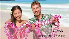  Presentation with flower woman - Cool new slide deck with welcome to hawaii - hawaiian people backdrop and a coral colored foreground