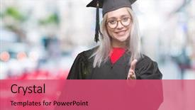 Presentation with friendly - PPT theme enhanced with welcome education - young blonde woman wearing graduate background and a coral colored foreground