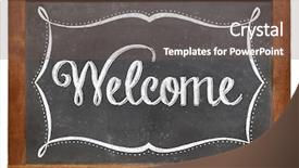  Presentation with welcome - PPT theme having welcome- white chalk text on a vintage slate blackboard isolated on white background and a violet colored foreground