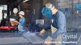  Presentation with steel factory - Theme consisting of welder-as-a-worker-welding background and a ocean colored foreground