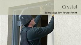  Presentation with welder worker welding and cutting - Slide set consisting of welder-chipping-away-slag background and a soft green colored foreground